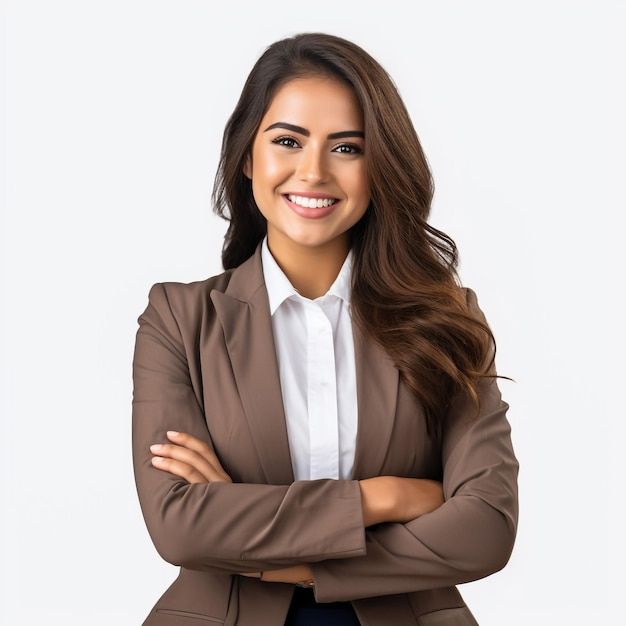 serious pensive young beautiful woman wearing white shirt feel like cool confident entrepreneur cross hands premium ai generated image